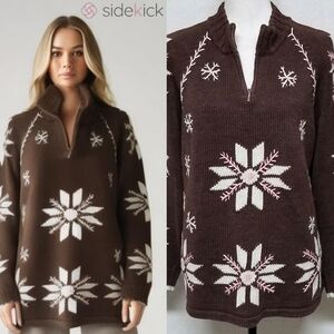 90s Vintage Mandal Bay Brown White Pink Knit Snowflake Vine Stitch Sweater XXL